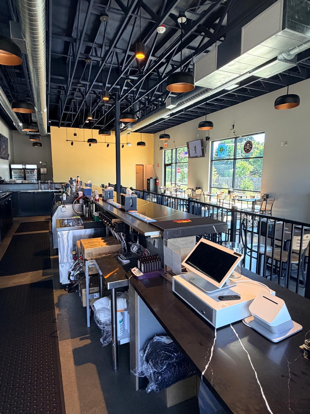 The bar and dining room seen from the overlook
